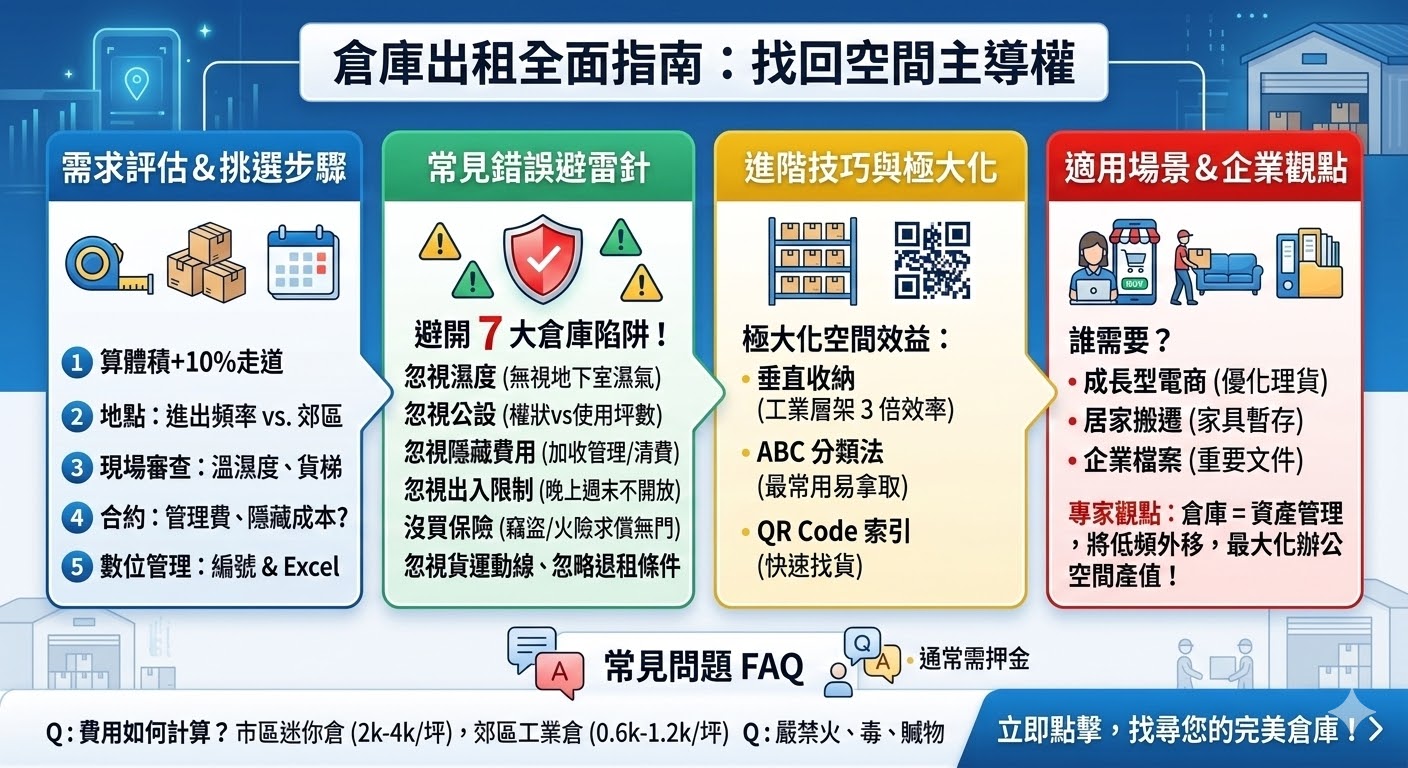 還在為家裡堆不下的雜物或電商庫存煩惱嗎？選擇專業的倉庫出租服務，能為您提供恆溫恆濕、24 小時監控的優質存放環境。無論是個人換季收納、搬家家具暫存，或是企業經營所需的小倉庫配置，都能透過彈性租期有效釋放空間價值。結論： 挑選合適的倉儲能降低固定成本並提升生活品質，是現代都市空間管理的首選方案。