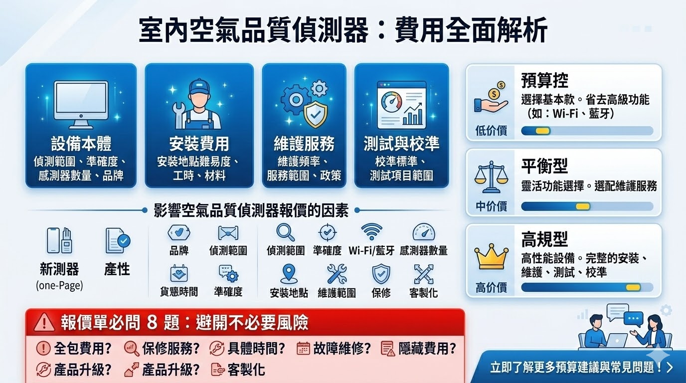 空氣室內品質偵測器是用來測量室內空氣品質的設備,能夠監控如PM2.5、甲醛等有害物質,保障居住環境的健康。選擇合適的空氣室內品質偵測器不僅需考量其測量準確度,還需要了解各種費用組成,包括設備本體、安裝費、維護服務等。本文將深入解析影響報價的多個因素,並提供根據不同預算情境的選擇建議,幫助您作出明智的購買決策。
